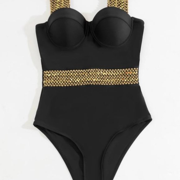 French Vogue Boutique Other - Sz L LUXURY One-Piece Black Bathing Suit Pushup Gold Detail Elegant